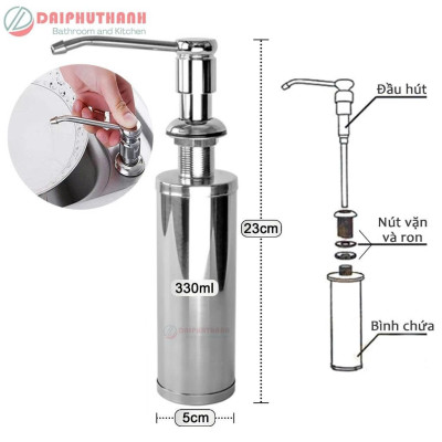 Bình Hút Nước Rửa Chén Inox 330ML Xoay 360 Gắn Âm Chậu Tiện Lợi - Kiểu nhấn, dễ lắp đặt, dễ thay nước rửa bát