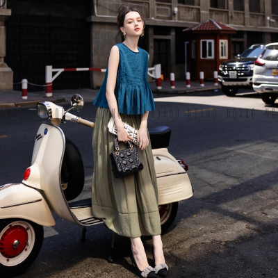 Set áo váy xanh xếp ly NGADO , set áo váy kiểu Nữ , set áo váy dài