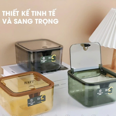 Hộp Vuông Để Bàn (15*15*8.3cm) Đựng Bông Tẩy Trang, Dụng Cụ Trang Điểm, Đồ Dùng Văn Phòng, Thùng Rác Mini Để Bàn,...  Họa Tiết Trong Suốt Có Nắp Đậy  Kiểu Dáng Trẻ Trung Hiện Đại - Hàng Cao Cấp