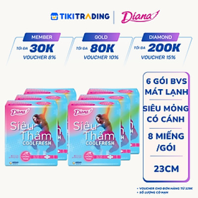 Combo 6 Băng vệ sinh Diana Siêu thấm Cool Fresh Siêu mỏng Cánh gói 8 miếng
