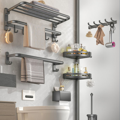 Phụ Kiện Nhà Tắm, Nhà Vệ Sinh, Giá Treo Khăn, Móc Treo Đồ, Giá Treo Máy Sấy Tóc, Giá Treo Bàn Chải Đánh Răng Kèm Cốc Tiện Lợi, Kệ Góc Treo Tường Nhà Tắm, Chất Liệu Nhôm Kháng Khuẩn Chống Gỉ Hàng Đẹp Mịn [Không Cần Khoan] VANDO