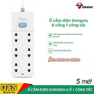 Ổ cắm điện an toàn cao cấp GONGNIU, ổ cắm điện đa năng 6 ổ 1 công tắc có dây 5m, bảo hành chính hãng 3 năm 1 đổi 1