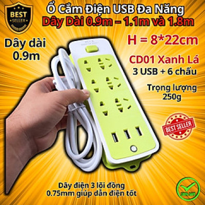 Ổ Cắm Điện USB Thông Minh Cao Cấp Chống Giật Dây Dài 0.9m – 1.1m và 1.8m, Ổ Cắm Điện Công Suất 2500W Có Chốt An Toàn D Danido, Nhựa Nguyên Sinh, Bền Bỉ