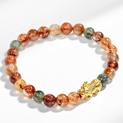 Vòng tay thạch anh tóc đa sắc phối tỳ hưu bạc mạ vàng (7mm) Ngọc Quý Gemstones