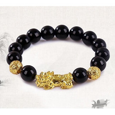 Vòng tay đá phong thủy nam mang đến may mắn sức khỏe (đá Obsidian với tỳ hưu vàng)