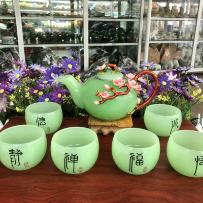 Bộ ấm trà chạm hoa mai đá ngọc cẩm thạch xanh