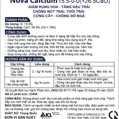 Phân Bón Israel NovAcid Calcium 15.5-0-0 (+26.5 Cao), Hoà Tan 100% Hạn chế rụng trái non, tăng đậu trái và sức đề kháng cho cây trồng