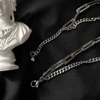 Set vòng cổ và vòng tay chuỗi xích titan thép không đen phong cách đường phố