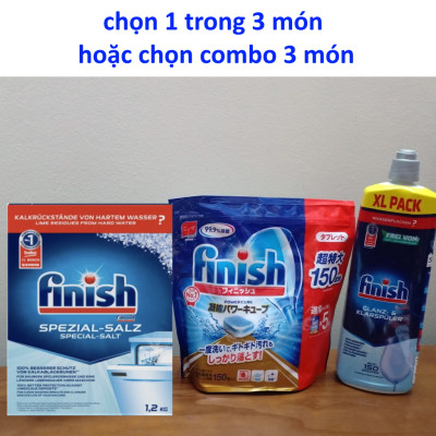 Viên rửa bát Finish Nhật 150 viên, Nước làm bóng Finish 750ml, Muối rửa bát Finish 1.2kg