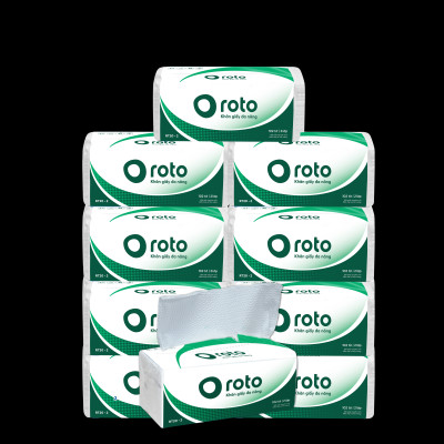 Combo 10 gói khăn giấy lau tay Roto eco20-2 RT20-2 hai lớp 100% bột giấy nguyên sinh, dài 20cm, họa tiết chấm bi xốp, thấm hút 2 chiều, gồm 102 tờ/gói