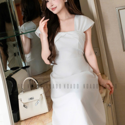 Đầm gấm trắng tay con NGADO , đầm dự tiệc hở vai