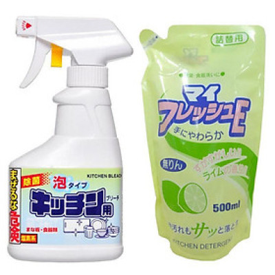 Combo Chai xịt tẩy rửa đồ dùng nhà bếp 300ml Rocket + Nước rửa chén hương chanh loại túi 500ml nội địa Nhật Bản