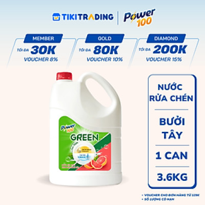 Can Nước Rửa Chén POWER100 Green Tinh Dầu Bưởi Tây 3.6KG