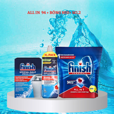 Combo 94 Viên rửa bát Finish All in 1 + Muối Finish 1,5kg + Nước làm bóng Finish 750ml