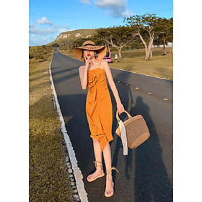 Váy maxi 2 dây chấm bi vàng, bèo nhún cách điệu trước, tôn dáng, đầm voan đi biển cá tính, họa tiết chấm bi dễ mặc | MX053