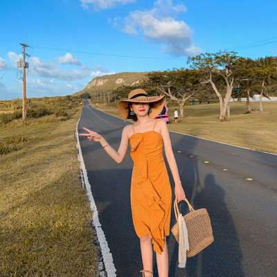 Váy maxi 2 dây chấm bi vàng, bèo nhún cách điệu trước, tôn dáng, đầm voan đi biển cá tính, họa tiết chấm bi dễ mặc | MX053