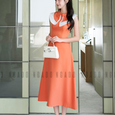 Đầm cam cổ sen phối trắng NGADO, đầm dự tiệc , đầm dạo phố