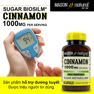 Cinnamon 1000mg Mason Natural Hộp 100 viên ổn định đường huyết hỗ trợ tiểu đường từ Quế nguyên chất