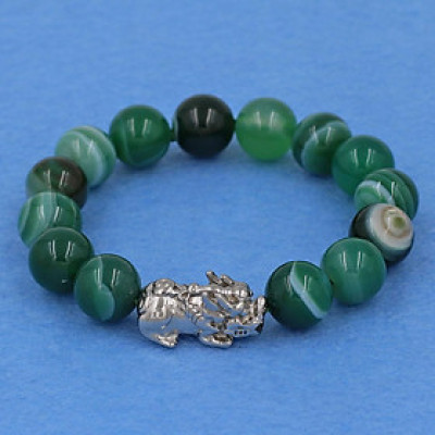 Vòng tay thạch anh xanh lá sọc 12 ly - cẩn Tỳ Hưu inox bạc VTAXLSTHT12 - hợp mệnh Hỏa, mệnh Mộc