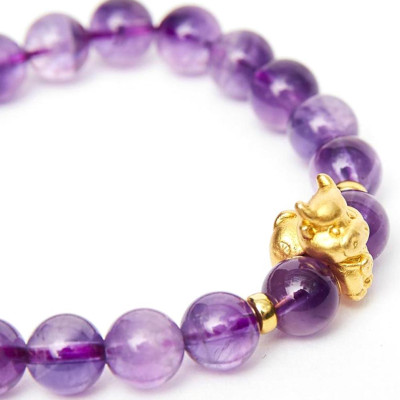 Vòng tay đá thạch anh tím charm tuổi sửu bạc mạ vàng 24K 8mm mệnh hỏa, thổ - Ngọc Quý Gemstones