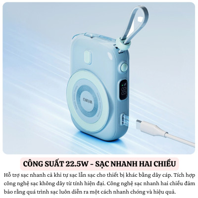 Pin sạc dự phòng không dây từ tính nam châm sạc nhanh 22.5W, dung lượng 10.000 mAh hiệu WIWU W-P049 Tích hợp dây sạc Type C, đạt tiêu chuẩn sạc quốc tế - Hàng nhập khẩu
