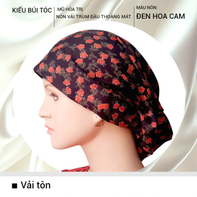 [KIỂU BÚI TÓC-ĐEN HOA CAM] Nón hóa trị vải mềm mát, hút mồ hôi, bệnh nhân ung thư, chemo hat, mũ vải trùm đầu, khăn vải