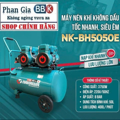 [chính hãƞg] Máy nén khí không dầu, tốc nhanh, siêu êm NAKAWA 50L - 5.0HP, 100% Dây đồng, Bảo hành 1 năm