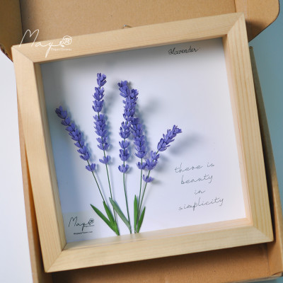 Tranh Hoa Giấy Handmade Trang Trí - Hoa Oải Hương MAYPAPERFLOWER Khung Gỗ Size 19x19cm