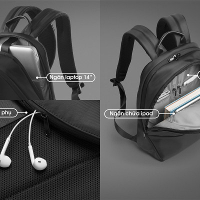 Balo laptop 14” KINGBAG ERIC mỏng nhẹ, phong cách mới, trượt nước, có ngăn máy tính bảng, đai vali tiện dụng - Hàng chính hãng