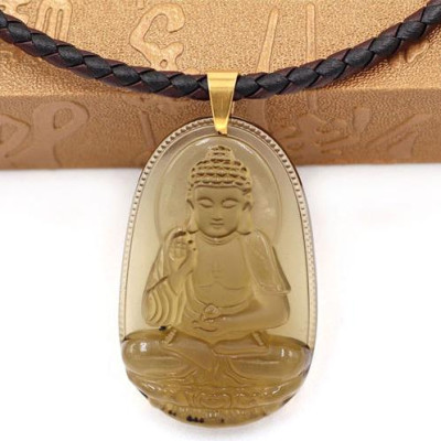 [Tuổi Tuất, Hợi] Dây Chuyền Mặt Phật A Di Đà Thạch Anh Khói 5cm + Dây Da - Mặt Size Lớn - Tặng Kèm Móc Inox - Phong Thủy 868 - May Mắn - Bình An