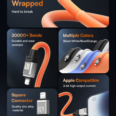 Cáp sạc nhanh, truyền dữ liệu cho Ai-phôn Ba-se-us CoolPlay Series Fast Charging Cable USB to Lai-nin 2.4A Thiết kế chắc chắn và bền bỉ và Tính năng Smart Trickle thông minh - Hàng chính hãng