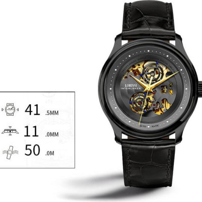 Đồng hồ nam chính hãng Lobinni L5025-1 Kính sapphire chống xước, Chống nước 50m, bảo hành 24 tháng, Máy cơ (Automatic), dây da đen xịn, máy lộ cơ