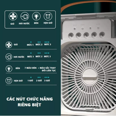 Quạt Điều Hòa Phun Sương Hơi Nước đá lạnh Mini Để Bàn 3 Chế Độ Tích Hợp Led, Chế Độ Hẹn Giờ