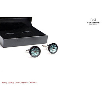 Khuy Cài tay áo Măng Set cao cấp đính đá - cufflinks , tặng kèm hộp nhỏ, hình bông hoa xanh