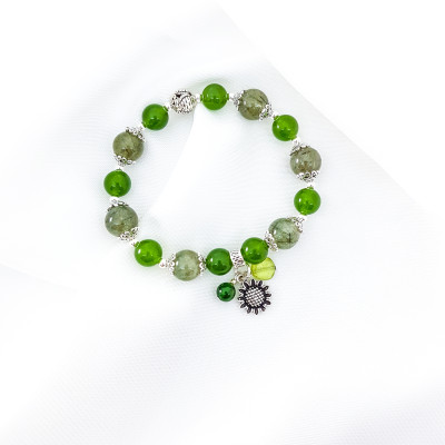 Vòng tay mệnh mộc, hỏa đá thạch anh tóc xanh+ đá ngọc phật mix charm hoa hướng dương