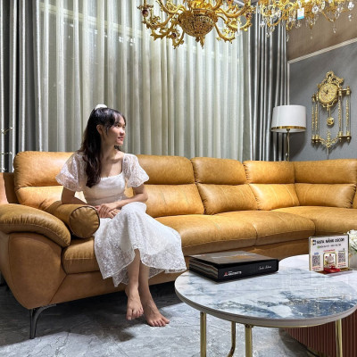Sofa góc L da bò Italy Juno sofa màu vàng bò – SFLCT01 3m3 x 2m8 hàng cao cấp chuẩn da bò nhập khẩu Ý