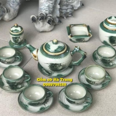 Bộ ấm chén vẽ hoạ tiết cá Ấm cách điệu gốc cây Gốm sứ Bát Tràng cao cấp