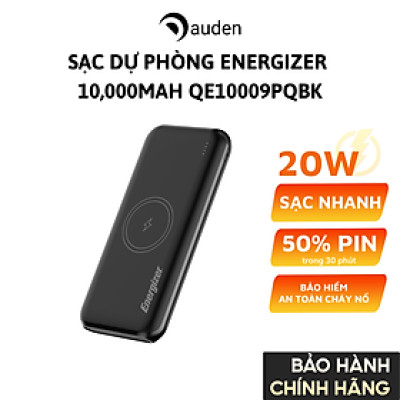 Sạc dự phòng Energizer 10,000mAh /3.7V Li-Polymer QE10009PQBK, Sạc nhanh 20W, Sạc không dây 18W, bảo hành 24 tháng 1 đổi 1 - Hàng chính hãng