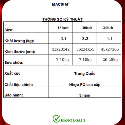 Vali cao cấp Macsim Hanke MSH9861 size 20 inch hàng loại 1 màu đen-màu trắng
