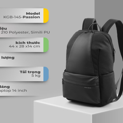Balo laptop KINGBAG PASSION 14” trẻ trung, gọn nhẹ, tích hợp USB, ngăn tablet, đai vali tiện dụng - Hàng chính hãng