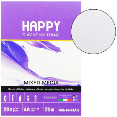 Sổ Vẽ Mỹ Thuật Gáy Keo Đa Chất Liệu A5 - Happy Mix Media - Vân Mịn Sần - 200gsm (20 Tờ)