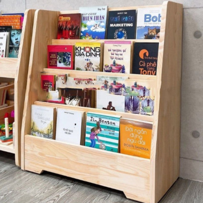 Kệ Sách Cho Bé Bằng Gỗ Montessori 4 Tầng Để Sàn Nhiều Ngăn Đựng Sách Vở Kệ Sách Lớp Học Mầm Non Tiểu Học
