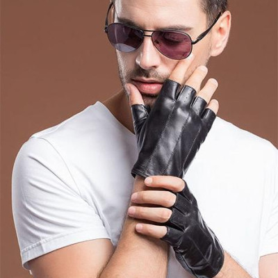 Găng tay nam lái xe BHY8861 Găng tay hở ngón, Bao tay phượt, da cừu thật, đeo 4 mùa.