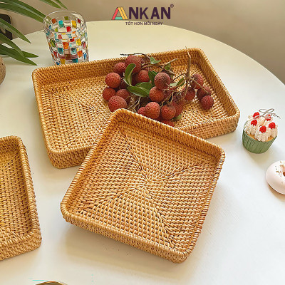 Khay Trang Trí Mây Tre Đan ANKAN – Rổ Vintage Handmade Đựng Trái Cây, Bánh Kẹo, Mỹ Phẩm, Trà Bánh