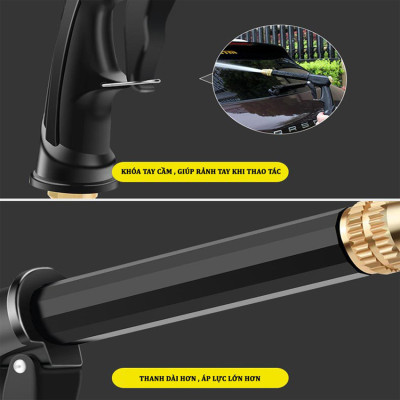 Bộ dây và vòi xịt rửa xe tưới cây tăng áp thông minh 810-2621 (dây xanh dẹt-cút nối đen)