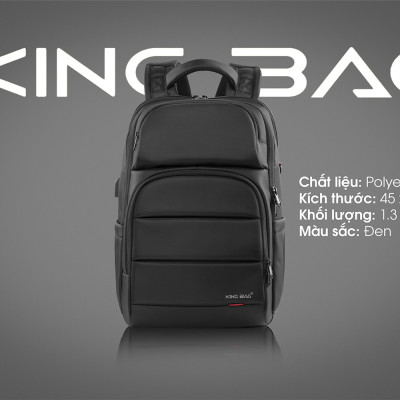 Balo laptop KINGBAG MARCUS 15”, nhiều ngăn sức chứa lớn, tích hợp USB, trượt nước, đai buộc vali, màu đen - Hàng chính hãng