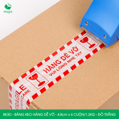 BK3D - Băng keo HÀNG DỄ VỠ màu đỏ trắng khổ 4.8 cm - Băng dính niêm phong - 6 cuộn