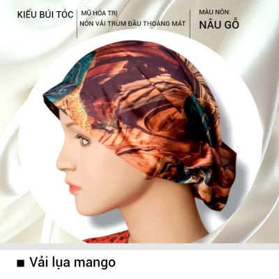 [KIỂU BÚI TÓC-NÂU GỖ] Nón hóa trị vải mềm mát, hút mồ hôi, bệnh nhân ung thư, chemo hat, mũ vải trùm đầu, khăn vải