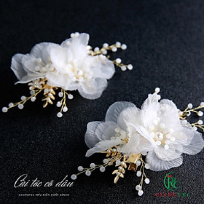 Phụ kiện cưới Giang - Bộ cài tóc cô dâu hoa voan hạt