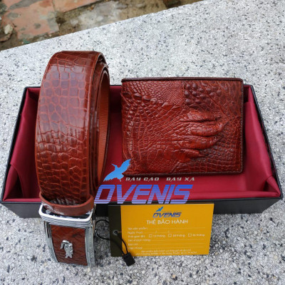 Set Ví và Thắt Lưng Cá Sấu [VÍ BÀN TAY + NỊT DA HÔNG TRƠN] SET5